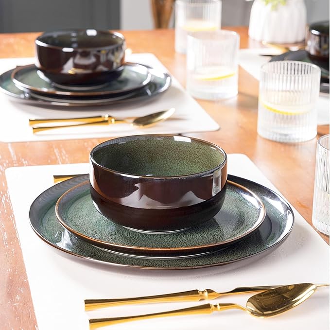 LERATIO Ceramic Dinnerware Sets for 4,12 Pieces Poreclain Plates and Bowls Sets,Scratch Resistant Dishes,Dishwasher & Microwave Saf,Oven Safe Dishes Set,Service for 4-Geen