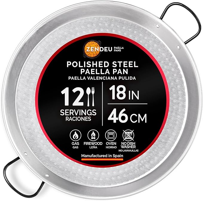 Paella Pan 18 inch - Carbon Steel Paella Pan, Made in Spain - Polished Steel, 18 in - 46 cm (12 Servings) Cook your own Spanish Paella