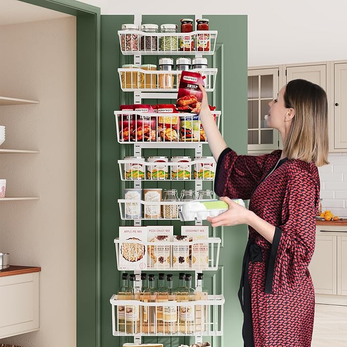 Over The Door Organizer,8-Tier Over The Door Pantry Organizer with Adjustable Baskets,Metal Hanging Pantry Organizers and Storage for Kitchen, Back of Door Seasoning Rack (White)