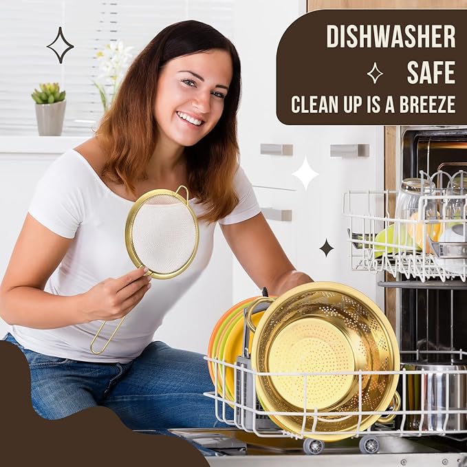 4 Pcs Gold Kitchen Accessories Includes Stainless Steel Colander and 3 Pcs Gold Fine Mesh Strainer Essential Kitchen Colander Strainers with Handles, Easy Clean and Dishwasher Safe(3.7 Qt)