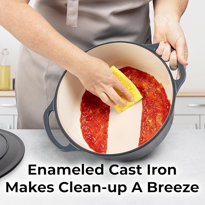 Zulay Kitchen 5 Quart Enameled Cast Iron Dutch Oven with Lid,Silicone Trivet & Heat Pad – Premium Durability & Oven Safe up to 500°F – Heavy Duty Cookware Perfect for Bread Baking, Stews, Braising & Roasting – Gray