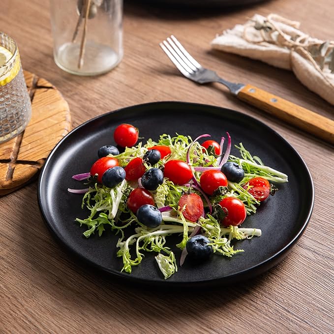 AmorArc Ceramic Dinner Plates Set of 6, Wavy Rim 10.5 Inch Stoneware Dish Set, Large Dinnerware Plates for Kitchen-Microwave&Dishwasher Safe, Scratch Resistant-Reactive Glaze Matte Black