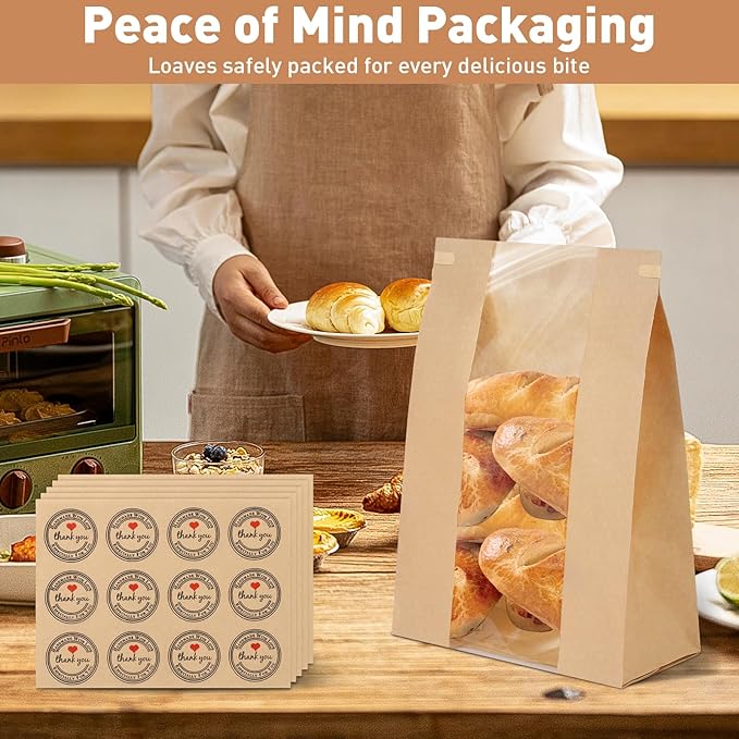 60-Pack Bread Bags for Homemade Bread Sourdough Bread Bags with Tin Tie Tab Lock, Kraft Paper Bakery Bag with Window and Label Seal Stickers for Packaging Baked Food Bread Storage (13.7''x8.2''x3.5'')