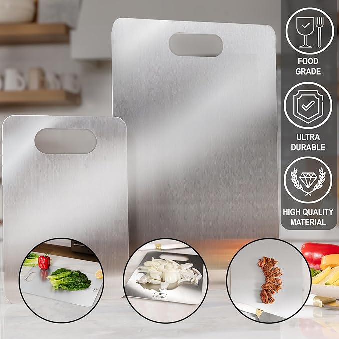2-Pack Oversized Stainless Steel Cutting Boards – Anti-Slip Rubber Grip - Oversized Handles – Hypoallergenic - Includes XL 18.1"x11.8" & Compact 11.4"x7.8" Stainless Steel Boards