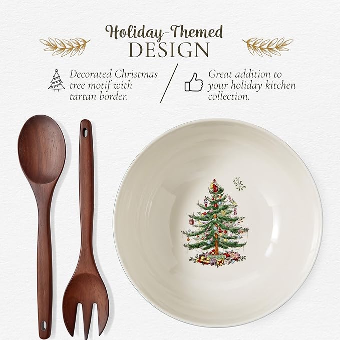 Spode Christmas Tree 10" Serving Bowl & Wooden Servers, Polka Dot - Ceramic Serving Bowls & Party Bowls for Holiday Celebrations - Salad Bowls and Soup Bowls for Dining - Christmas Table Setting