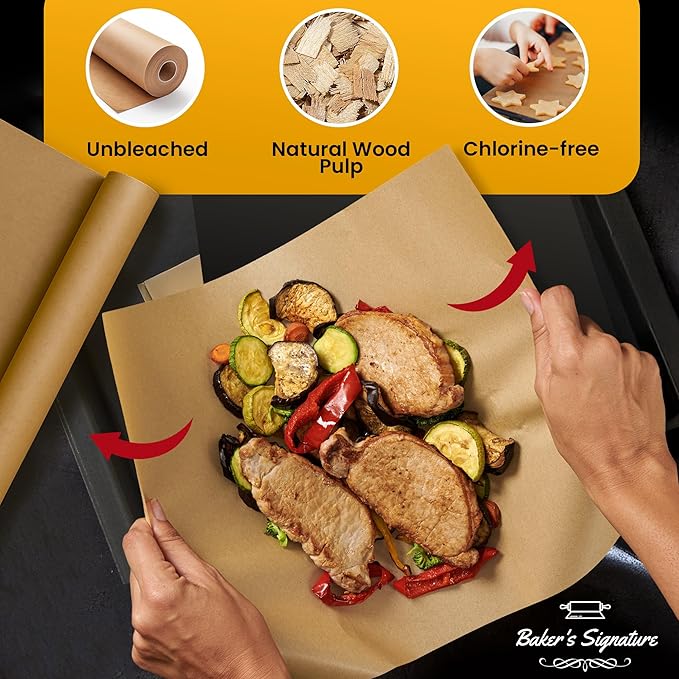 260 Sq.Ft Unbleached Parchment Paper for Baking – Roll with Cutter, Heavy Duty Non-Stick Brown Parchment for Baking, Cooking, Grilling, Steaming and Air Fryer, 15in x 210ft by Baker’s Signature