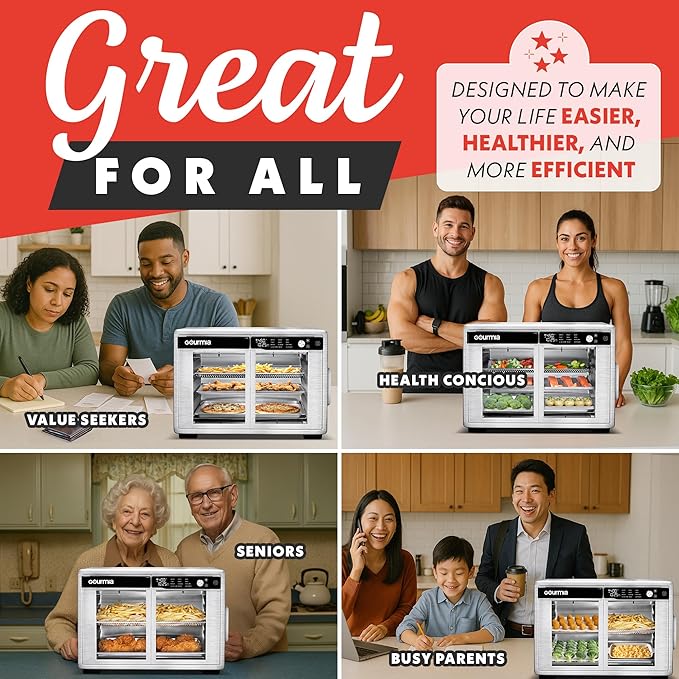 Gourmia French Door Digital Air Fryer Oven - 25-Quart XL Capacity, 12 Presets, Touchscreen, FryForce 360° Tech, Dehydrate, Proof, Slow Cook, Fits 13” Pizza, 1700W, Stainless Steel