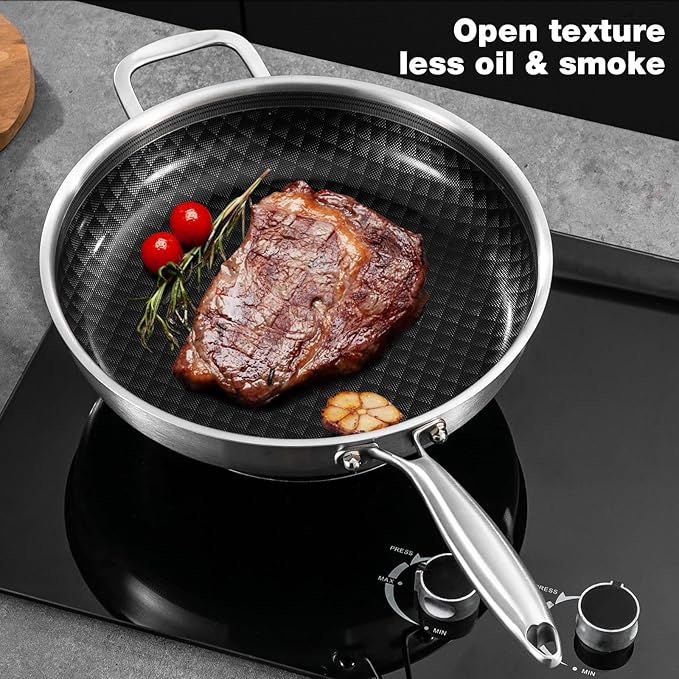 12-Inch Non Stick Frying Pans, NonStick Stainless Steel Pan Set, Tri-Ply Skillets and Pan Set with Lid, Induction Cooker Compatible, Cool-Touch Handle, Dishwasher and Oven Safe