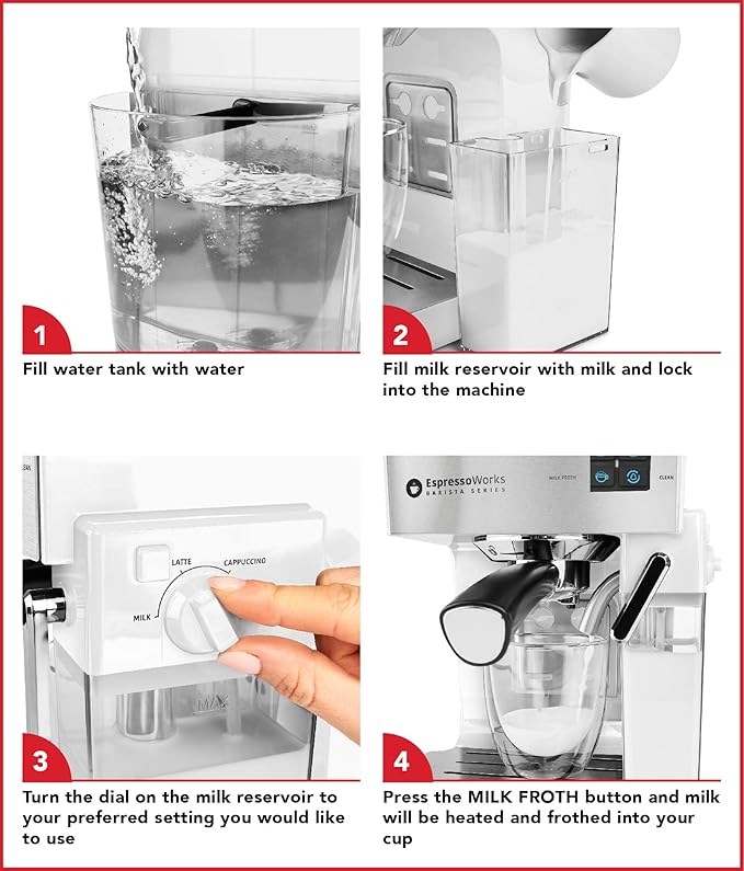 EspressoWorks 19-Bar Espresso, Latte and Cappuccino Maker 10-Piece Set - Brew Cappuccino and Latte with One Button - Espresso Machine with Milk Steamer 1250W - Coffee Gifts (White)
