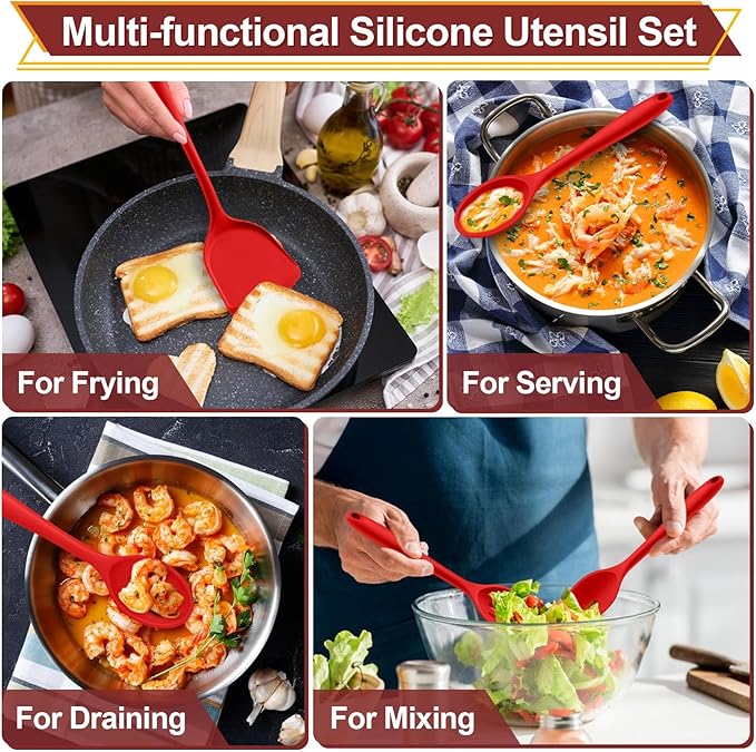 P&P CHEF Kitchen Utensil Set, 4 Pieces Non-stick Silicone Cooking Utensils, Heat-resistant Slotted Solid Spoon Turner for Frying, Mixing, Serving, Non-toxic & Easy to Clean, Red