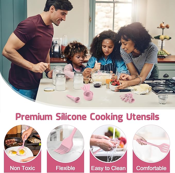 E-far Silicone Cooking Utensils Set, 25 Piece Kitchen Utensils with Holder, Non Toxic Kitchen Tools Spatula, Turner, Spoon, Ladle for Nonstick Cookware, Heat Resistant & Dishwasher Safe - Pink