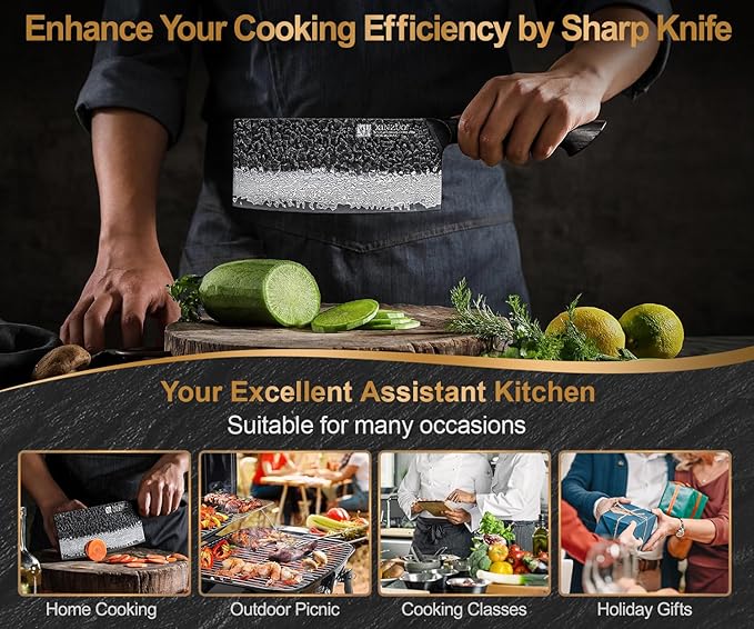 XINZUO 7.3 Inch Vegetable Cleaver Knife,10Cr15Comov Steel Core Forged Damascus Steel,Sharp Slicing Knife For Home Kitchen And Restaurant,Ergonomic White Oak + Red G10 Gasket Handle