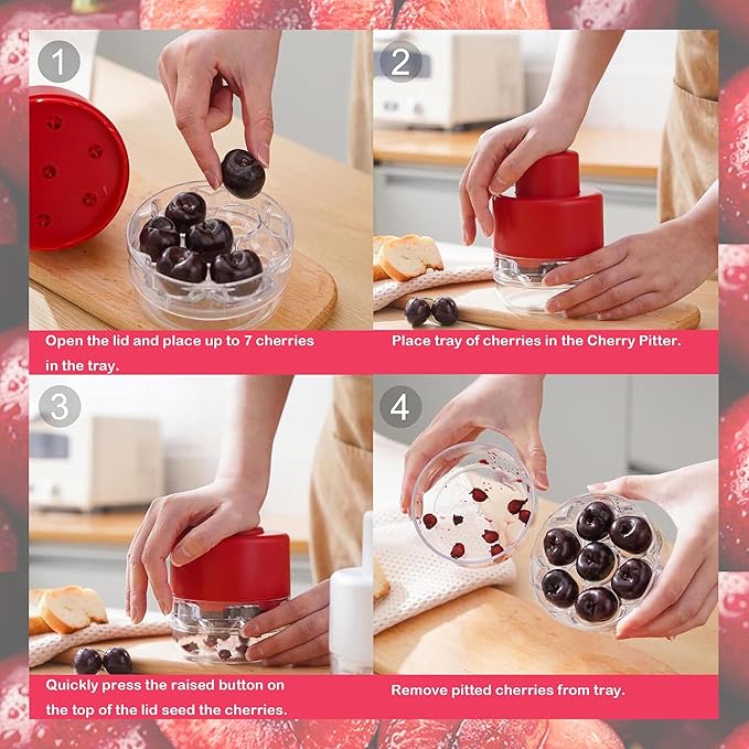 PCTC Cherry Pitter Tool - Pit Remover for Cherries, Multi-Functional Fruit & Vegetable Tool, Quick Release Remove 7 Cherry Pits at Once, Kitchen Gadget for Easy Prep (White)