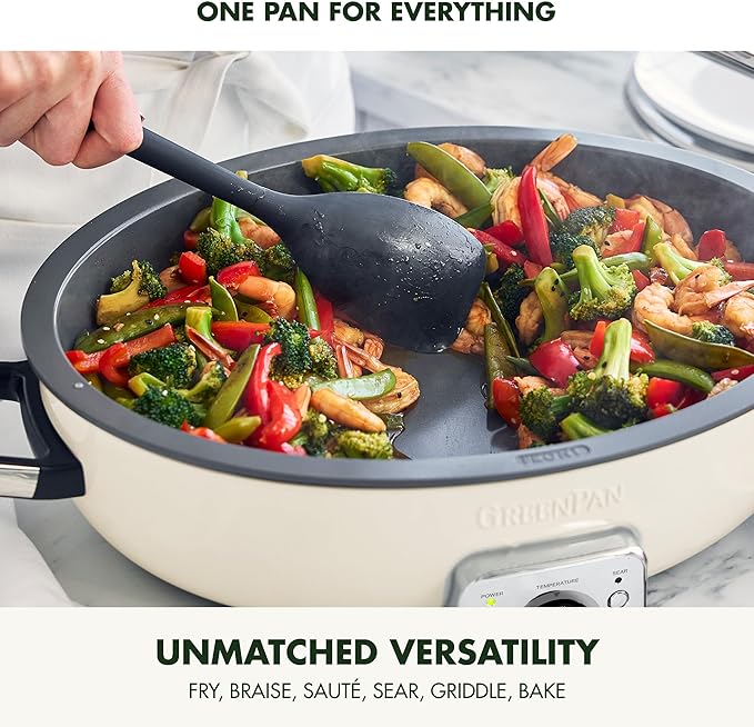 GreenPan Elite 5.5QT Electric Oval Skillet, PFAS-Free Ceramic Nonstick, 1800 Watt, Dishwasher Safe Lid & Removable Crock, Adjustable Temp Control Multi-Cooker, Sear, Sauté, Rice, Stir-Fry, Cream White