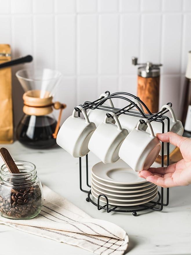 YHOSSEUN Espresso Cups with Saucers and Metal Stand, 4 Oz Ceramic Expresso Shots Cup Espresso Small Coffee Cups Set of 6, Beige