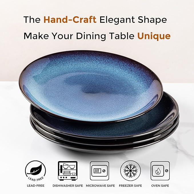 LERATIO Ceramic Dinner Plates Set of 6, 10.5 Inch Handmade Reactive Glaze Porcelain Plates, Coupe Shape Dinnerware Dishes Set for Kitchen,Oven& Microwave & Dishwasher Safe, Scratch Resistant-Blue