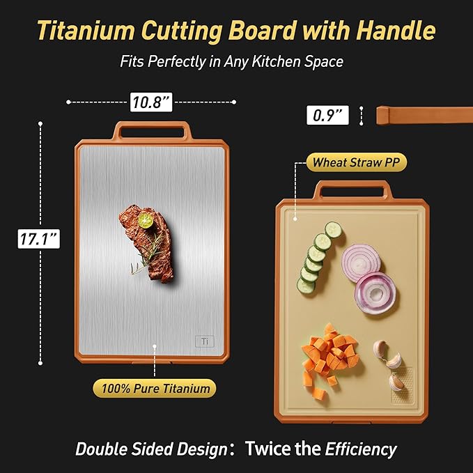 Titanium Cutting Boards for Kitchen Chopping Board with Handle Large Big Small Kitchen Meat Butcher Block 2 in 1 Pure Titanium and Wheat Straw PP Not Wood Bamboo Plastic Silicone Teak Morandi Orange
