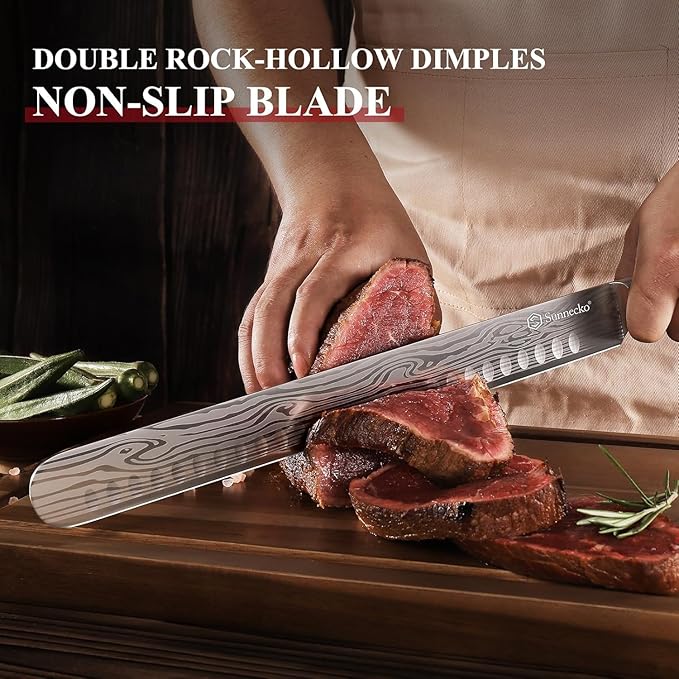 Sunnecko 12 Inch Carving Knife,Ultra Sharp High Carbon German Stainless Steel Brisket Slicing Knife for BBQ, Roasts, Turkey