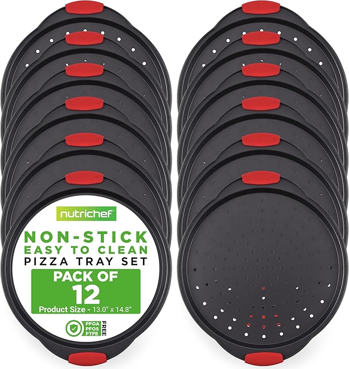 NutriChef 13-Inch Nonstick Pizza Tray - 12 PACK, Round Carbon Steel with Perforated Holes, Silicone Grip Handles, Dishwasher Safe, PFOA Free Bakeware