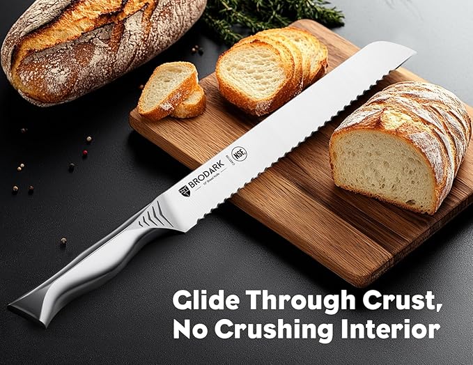BRODARK Bread Knife - 10" Serrated Knife for Homemade Bread Sourdough - High Carbon Stainless Steel, One Piece Design, Sharp Serrated Edge for Even & Straight Slicing - NSF Certified, Shark Series