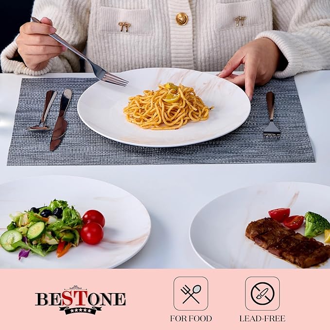 bestone Dinner Plates, 10.5 Inch Plates Set of 6, Porcelain Round Dessert Salad Dinner Plates, Serving Dishes for Kitchen, Dishwasher, Microwave, Freezer, Oven Safe, Marble Orange