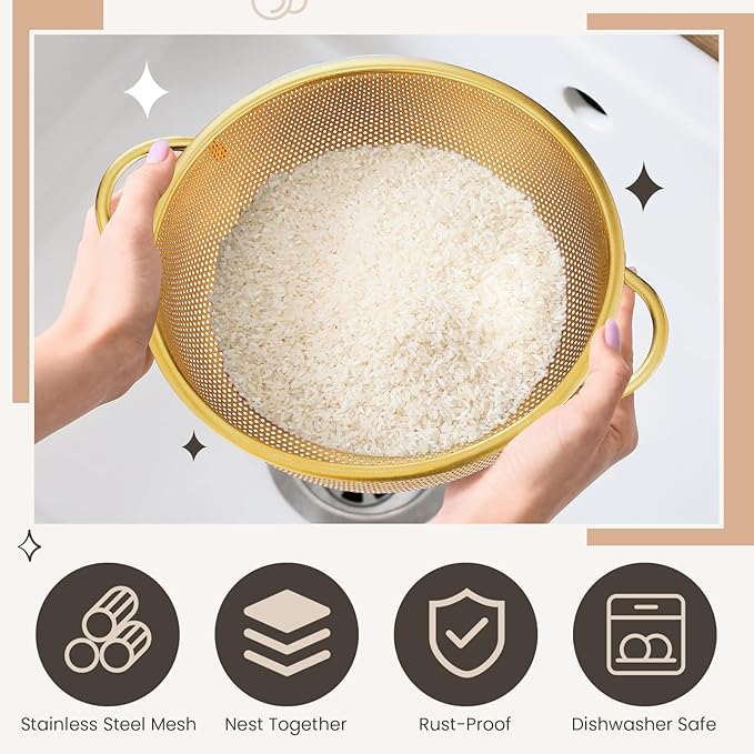 Baderke 1 Pcs 3 Quart Stainless Steel Gold Colander and 3 Pcs Fine Mesh Strainer with Handles Gold Kitchen Accessories for Kitchen Draining Rinsing Serving Food Pasta Rice Vegetables