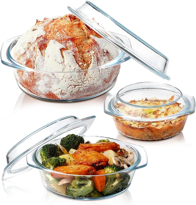 NUTRIUPS Round Glass Casserole Dish Set, Casseroles Cookware with Glass Lid, Casserole Dish With Lid(Set of 3-0.65L+1L+1.4L)