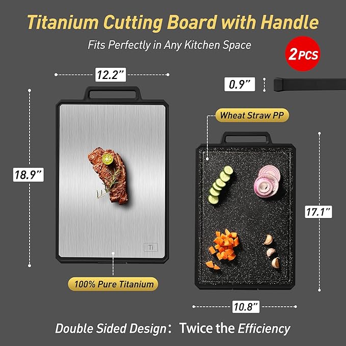 2 Packs Pure Titanium Cutting Boards for Kitchen Chopping Board with Handle Large Big Small Kitchen Meat Butcher Block 2 in 1 Titanium and Wheat Straw PP Not Wood Bamboo Plastic Silicone Black/Grey
