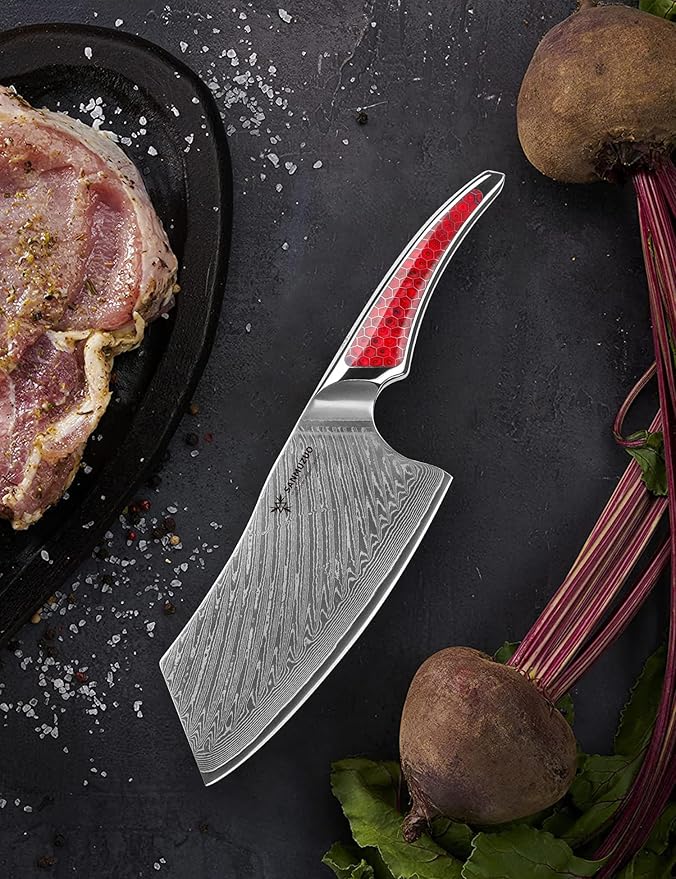 7 inch Nakiri Knife, Japanese VG-10 Damascus Steel Meat Cleaver, Ultra Sharp Vegetable Knife with Full-tang Handle in Red Resin, LA-S9 Series