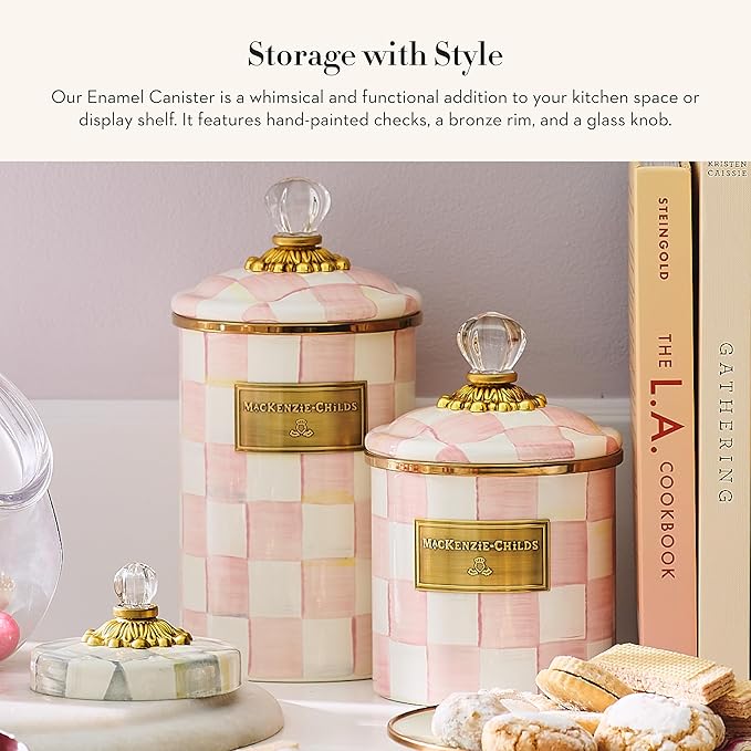 MACKENZIE-CHILDS Medium Enamel Canister, Kitchen Storage Container for Flour and Sugar, 1.42 Liters, Pink-and-White Rosy Check