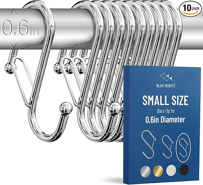 10-Pack Metal S Hooks for Hanging – Heavy-Duty S-Shaped Hooks with Safety Buckle – Fits Bars up to 0.6 In – Anti-Drop Hook for Kitchen, Pot Racks & Towel Bars – Silver (Small)
