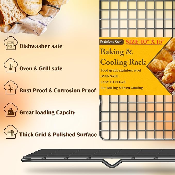 2PCS Cooling Racks for Cooking and Baking - 10" x 15"Heavy Duty Stainless Steel Wire Rack for Baking, Grilling, Roasting - Oven & Dishwasher Safe - Fits Jelly Roll Sheet Pan(Black)