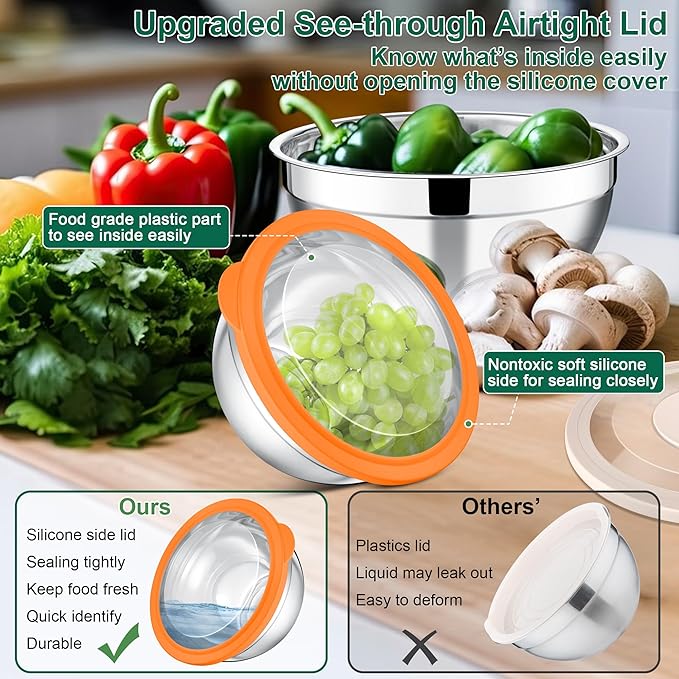 E-far Mixing Bowls with Lids and Graters, Stainless Steel Salad Mixing Bowl with Transparent Lid Set of 3, Metal Nesting Salad Storage for Kitchen Prepping/Serving/Baking, 4.6/2.6/1.5QT - Colorful