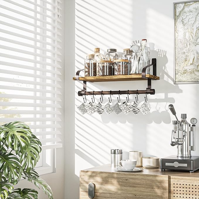 Love-KANKEI Floating Shelf Wall Shelf for Storage Rustic Wood Kitchen Spice Rack with Towel Bar and 8 Removable Hooks for Organize Cooking Utensils or Mugs Carbonized Black/Brown Brackets