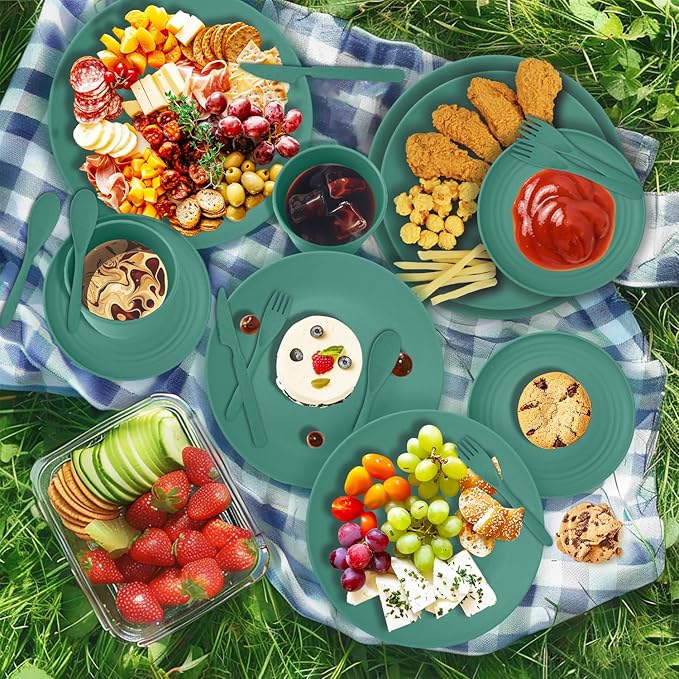 64-Piece Service for 8 Dinnerware Set - Unbreakable Wheat Straw Dinnerware sets of 64 - Dinner plates/Snack plates/Cereal bowls/Drinking Cups/Cutlery for Outdoor camping and indoors.Green