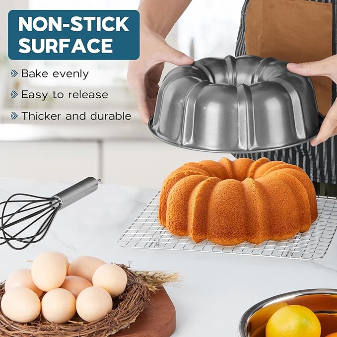 Onader Fluted Cake Pan, 10 Inch Nonstick Round Tube Baking Pan for Pound Cake, 10 Cups Large Heavy Duty Carbon Steel Baking Mold Bakeware, Gray