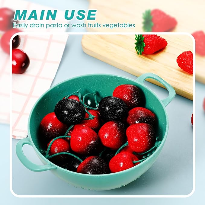 Baderke 4 Pack Mini Colander for Kitchen Plastic Berry Strainer with Double Handles 7.5 x 6 x 3 Inch Small Colander Strainer for Fruits Vegetables Food(Light Blue, Army Green, White, Blue)