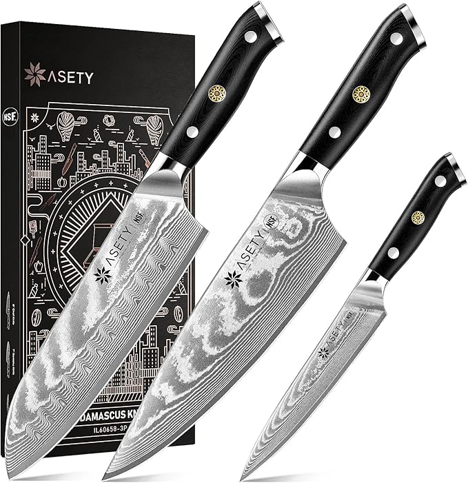 Damascus Kitchen Knife Set 3 PCS: NSF Food-Safe Japanese Knives with VG10 Steel Core, Ultra-Sharp Professional Chef Knife Set and Full Tang G10 Handle, Elegant Box