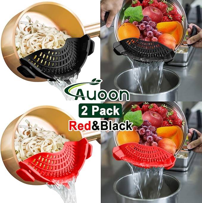 2PACK AUOON Clip on Strainer for All Pots Pans - Silicone Kitchen Colander Food Strainer for Pasta Meat Vegetable Fruits | Easy to Use and Store, Dishwasher Safe (BlackRed)