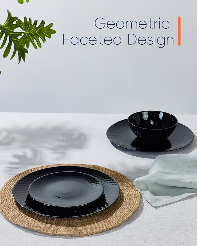 10.5 inch Dinner Plate Set of 6, Light and Durable Opal Glass Black Geometric Faceted Dinnerware Plates, Dishwasher and Microwave Safe