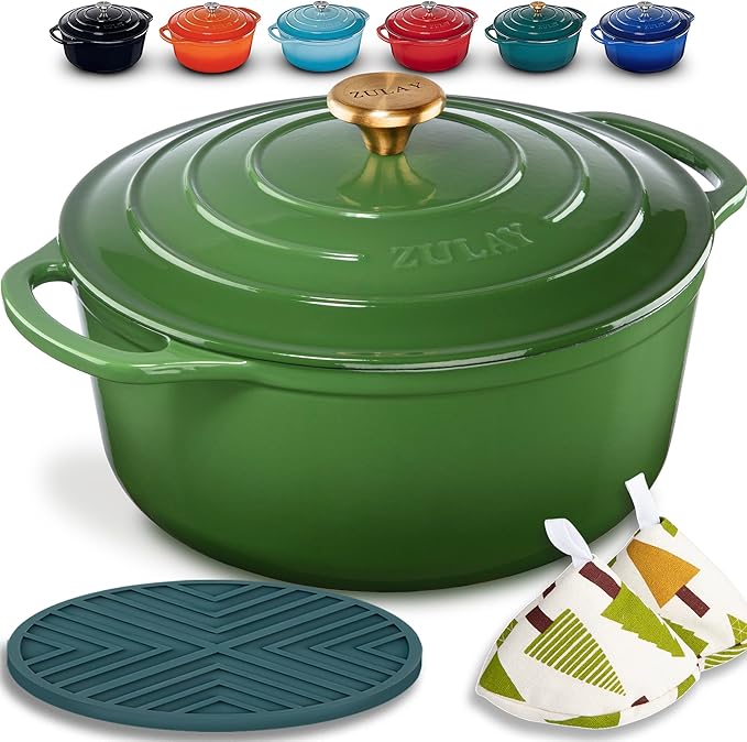 Zulay Kitchen 6 Quart Enameled Cast Iron Dutch Oven with Lid – Premium Durability & Oven Safe up to 500°F – Heavy Duty Cookware Perfect for Bread Baking, Stews, Braising & Roasting – Green
