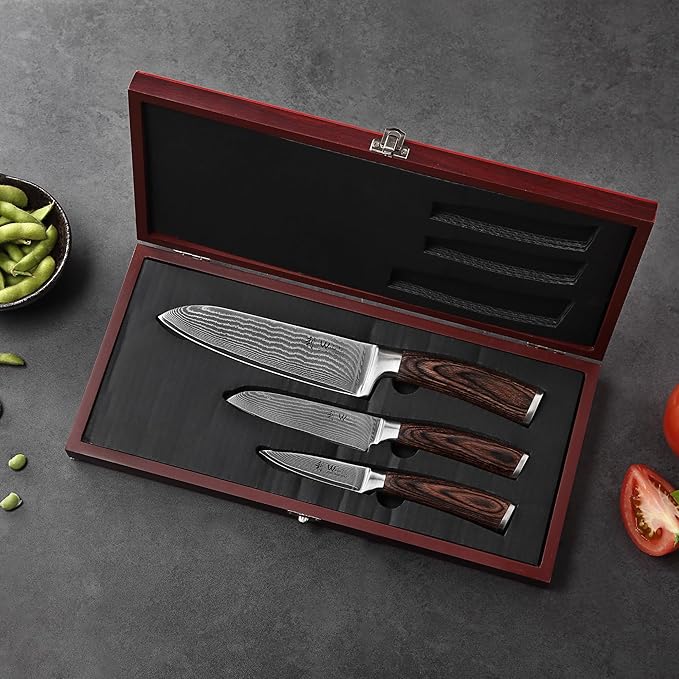 Wakoli EDIB Chef Knife Set 3-Piece – Japanese Style Damascus Kitchen Knives | Genuine Damascus Steel Blades with VG10 Core | Ergonomic Pakkawood Handles | Professional Knife Set in Wooden Gift Box