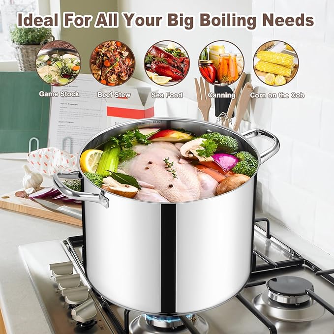 20 Qt Large Stock Pot, E-far Stainless Steel Stockpot with Lid for Boiling Cooking Soup Stew Canning, Heavy Duty Tri-Ply Bottom Works w/Induction, Commercial Grade & Dishwasher Safe