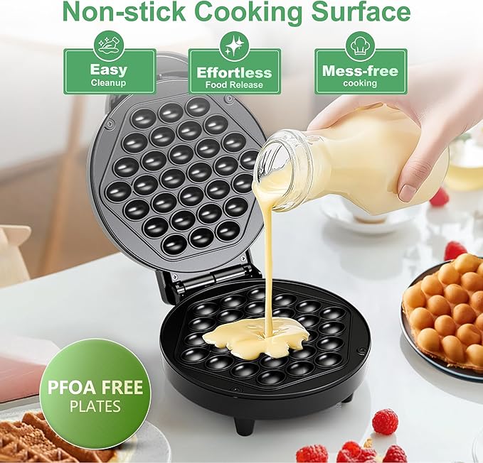 Bubble Waffle Maker, 1000W 7" Non-Stick Griddle, Hong Kong Egg Waffle Maker, Perfect for Creative Ice Cream Desserts