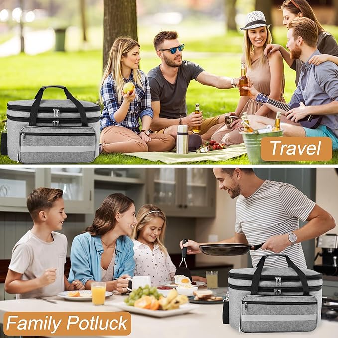Double-Layer Slow Cooker Carrying Bag, Insulated Travel Carrier with Adjustable Band and Accessory Pocket, Portable Carrier Case for 6-8 Quart Crock, Compatible With Other Brands (Grey, Bag Only)