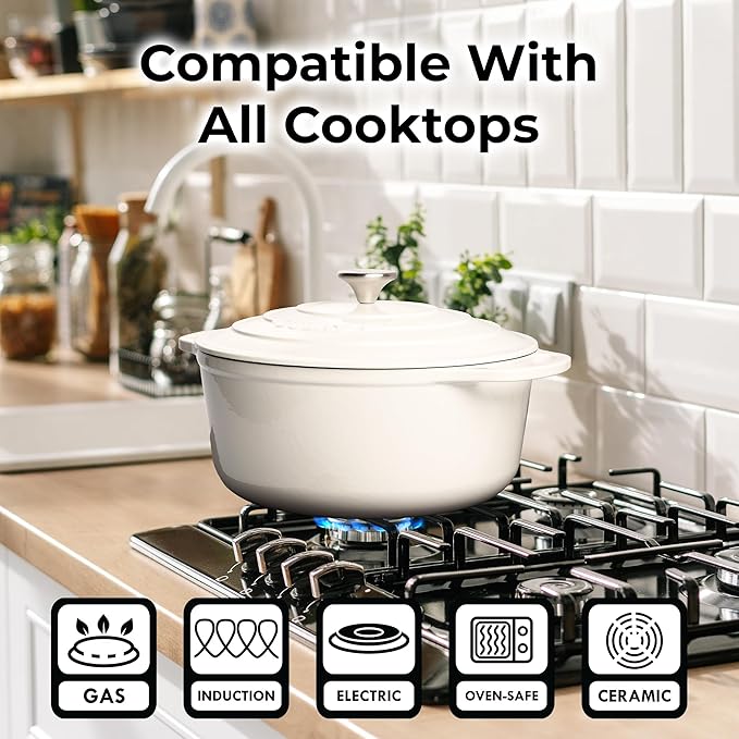 Zulay Kitchen 7.7 Quart Enameled Cast Iron Dutch Oven with Lid, Silicone Trivet & Heat Pad – Premium Durability & Oven Safe up to 500°F – Heavy Duty Cookware Perfect for Bread Baking, Stews, Braising & Roasting – White