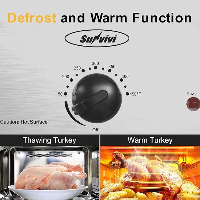 Sunvivi 14-Quart Electric Roaster Oven with Self-Basting Lid, Turkey Roaster Oven with Removable Pan and Rack, Stainless Steel, Silver
