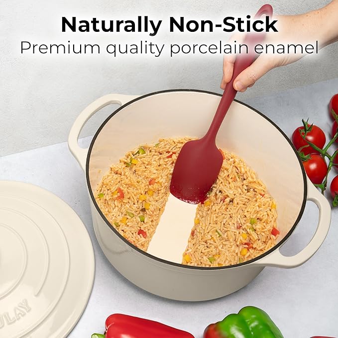 Zulay Kitchen 5 Quart Enameled Cast Iron Dutch Oven with Lid,Silicone Trivet & Heat Pad – Premium Durability & Oven Safe up to 500°F – Heavy Duty Cookware Perfect for Bread Baking, Stews, Braising & Roasting – Ivory