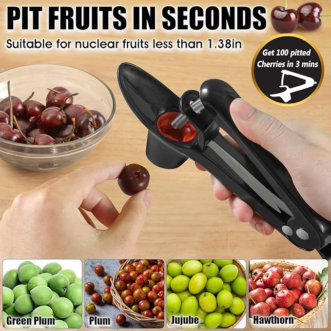 SCHVUBENR Cherry Pitter Tool - Stainless Steel Cherry Corer Pitter with Ergonomic Push Design - Easy to Use for Making Cherry Jam - Pit Cherry with Ease, Saving Time & Space with Lock Design(Black)