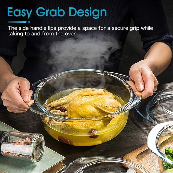 ZYER Round Glass Casserole Dish With Glass Lid,Covered Glass Bakeware Easy Grab Glass Microwave Bowls with Glass Lid (2.5L)